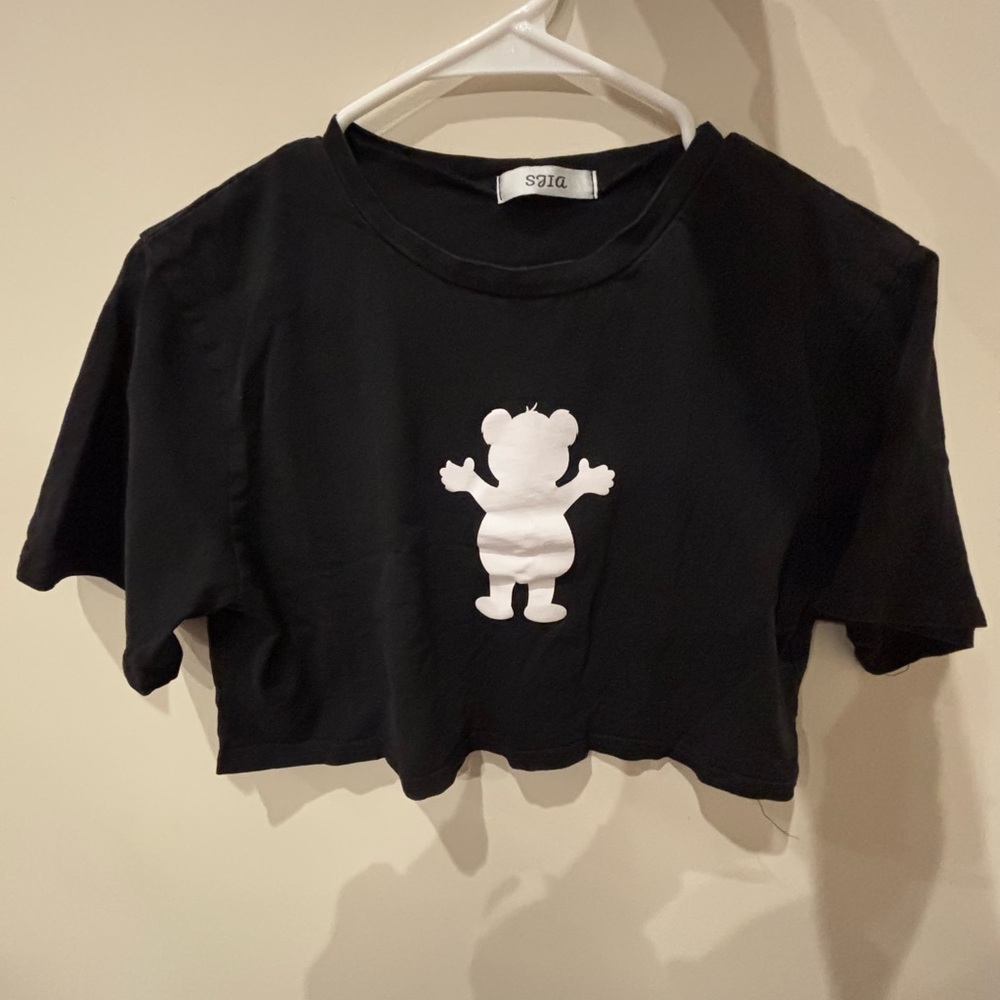 NWOT: Saia Black Cropped Short Sleeve Tee With White Teddy Bear Print